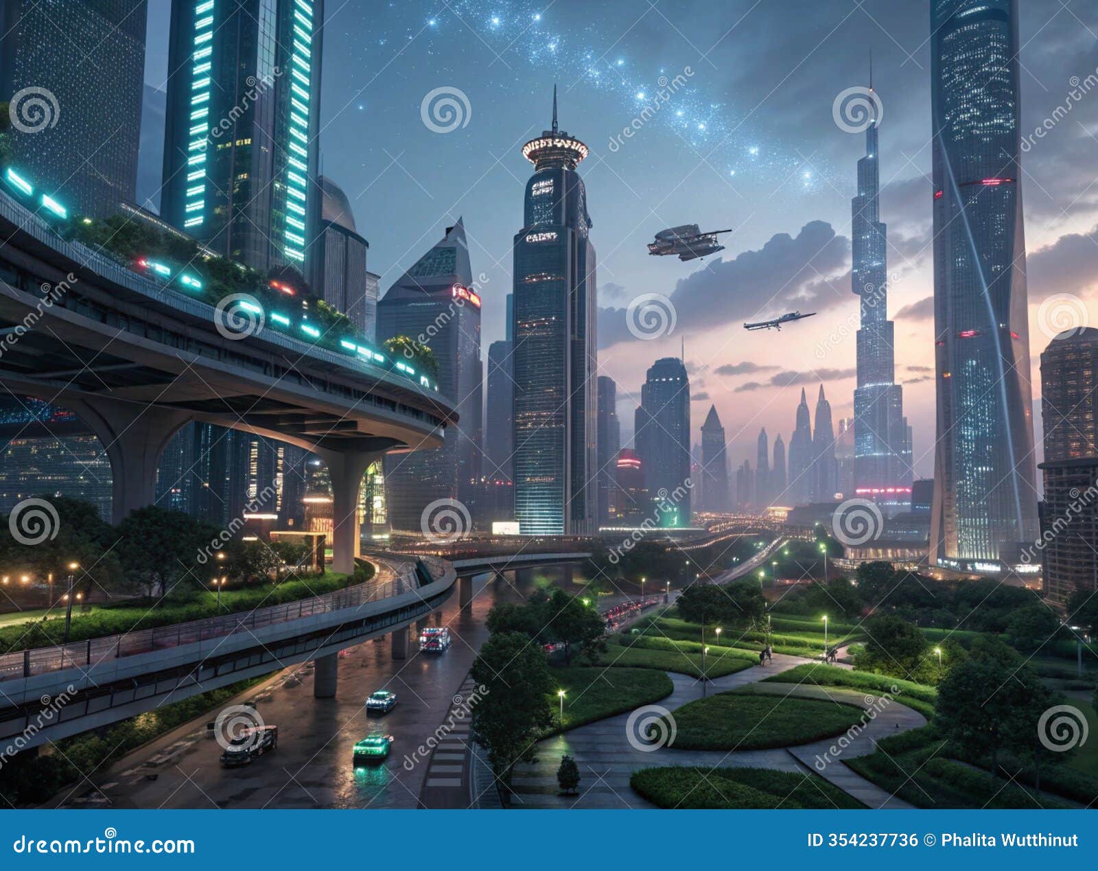 a futuristic cityscape dominated by modern skyscrapers and a fusion of nature and cutting-edge civilization.